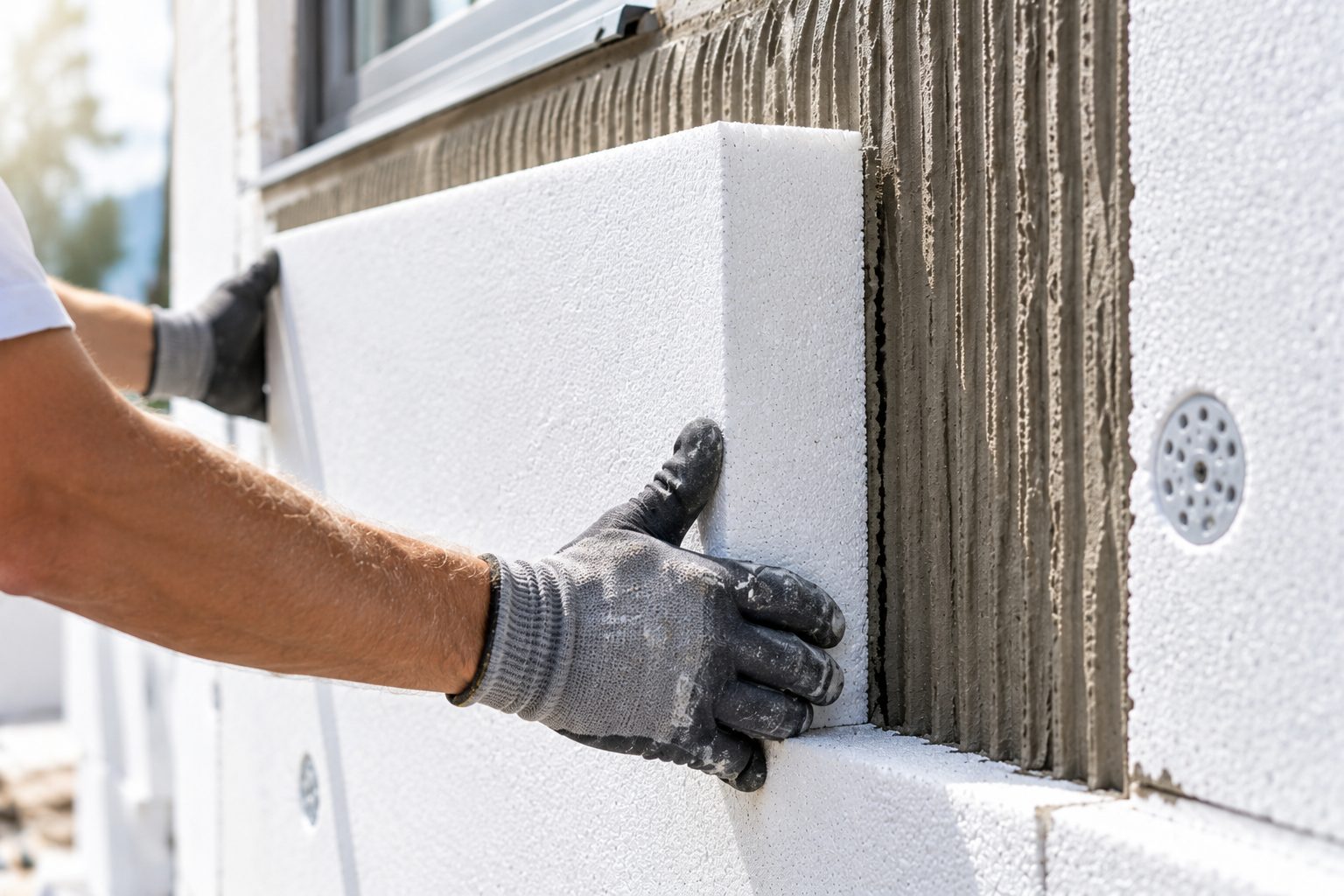 Dämmplatte wird an der Fassade angesetzt