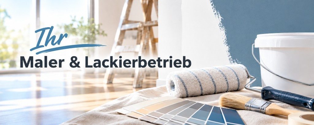 Schriftzug Ihr Maler und Lackierbetrieb über Farbrolle, Pinsel und Farbfächer